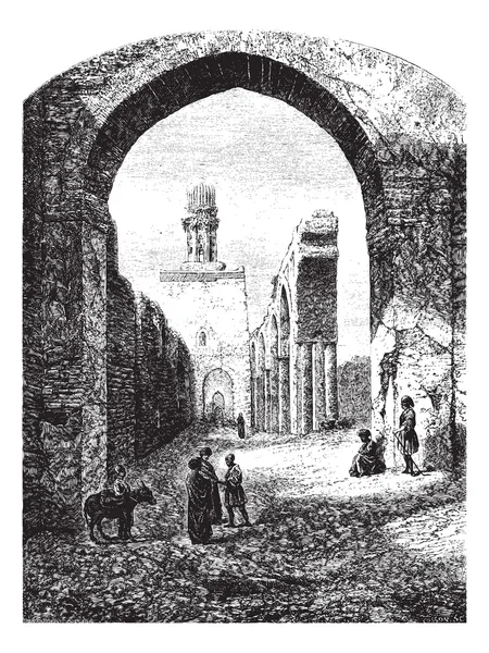 Руины мечети Хаким-Бьямр-Аллах, Каир, старинная гравюра — стоковый вектор