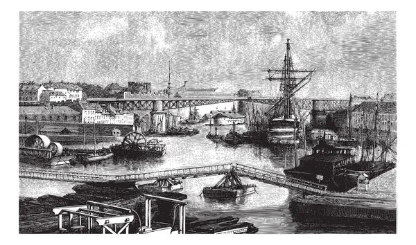 Vue générale du port de Brest. - Dessin Tél. Blanchard, Gary — Image vectorielle