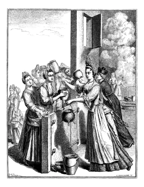 Reliefsuppe, in Paris, während der Hungersnot von 1709, Jahrgangsstichel — Stockvektor