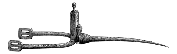 Шпора из арабской стали, инкрустированная медью и серебром, винтажная гравировка — стоковый вектор