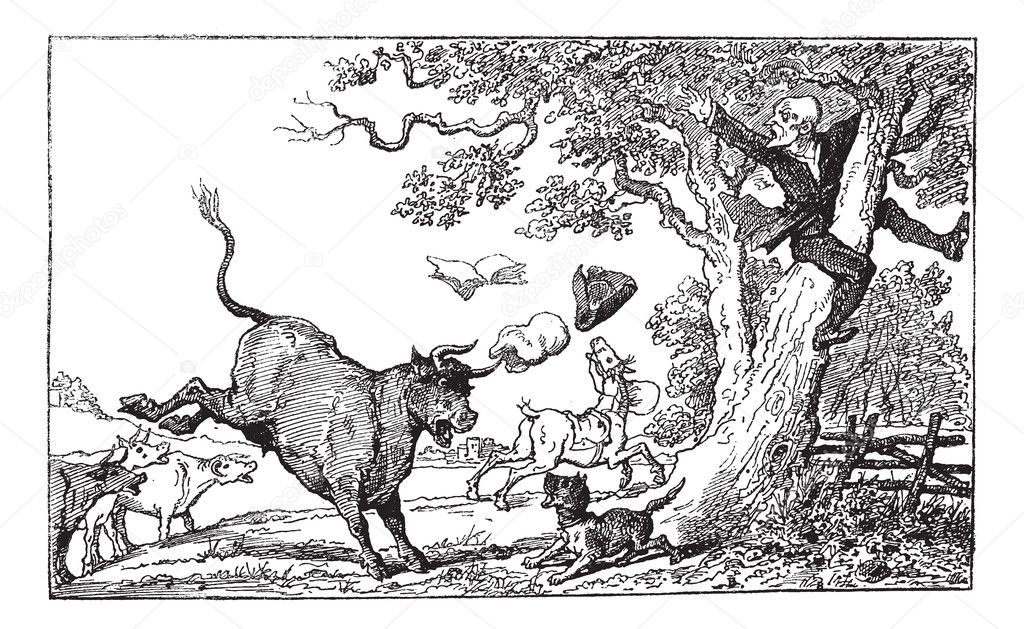 Dr. Syntax chased by a bull vintage engraving.