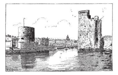 Port of La Rochelle, France, vintage engraving. clipart