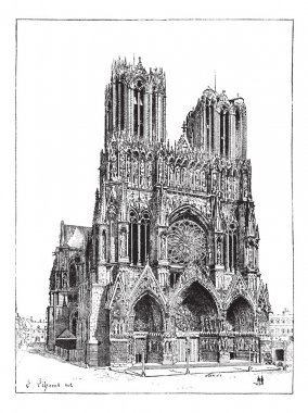 Reims, Fransa, katedral antika gravür.