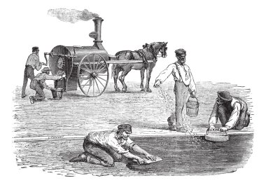 Road workers making pavement with the help of steam engine vinta clipart