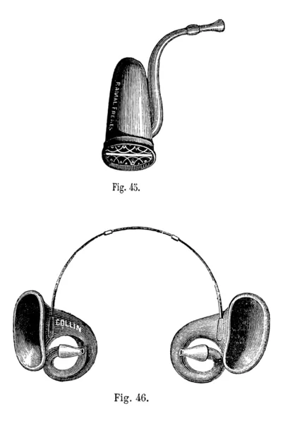 Fig. 45. Cornet English Fig. 46. Conques acustico, vintage engrav — Vettoriale Stock