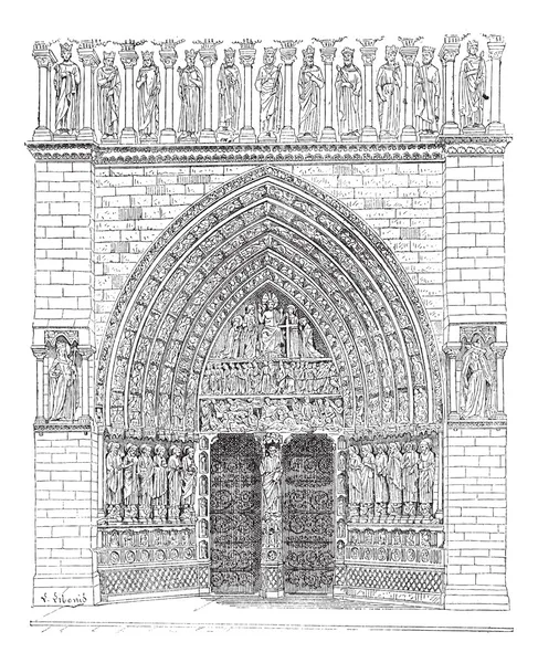 La porte avant au milieu de Notre Dame Cathédrale vintage eng — Image vectorielle