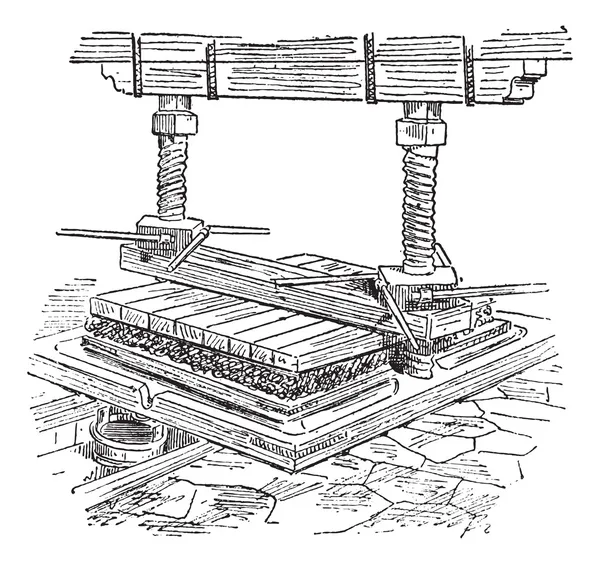 Extracción de aceite a través de prensa hidráulica para grabado vintage — Archivo Imágenes Vectoriales