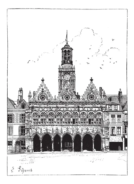 La mairie de Saint-Quentin gravure vintage — Image vectorielle