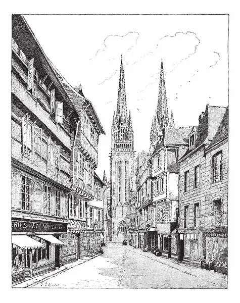 Quimper kathedraal in Frankrijk vintage gravure — Stockvector