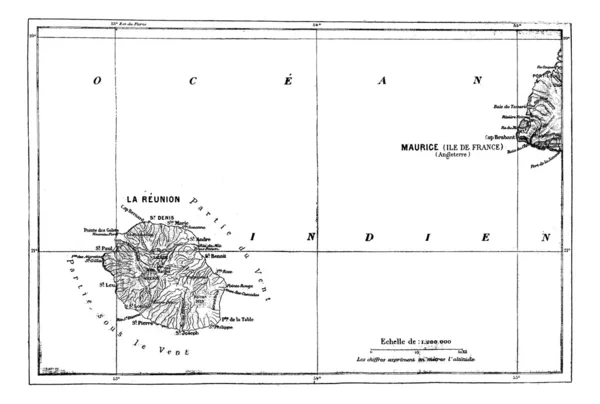Réunion och mauritius karta, vintage gravyr. — Stock vektor