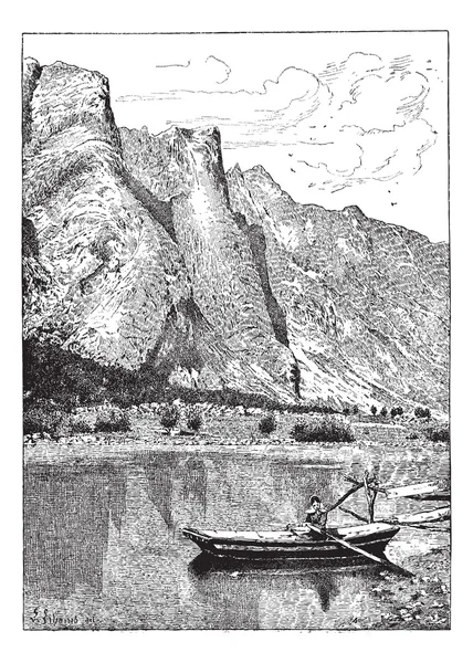Vallée Romsdal du Rauma, gravure vintage . — Image vectorielle