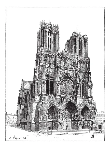 Reims, Fransa, katedral antika gravür. — Stok Vektör