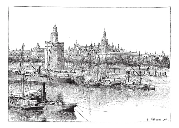 Vista de Sevilla, España, grabado vintage . — Archivo Imágenes Vectoriales