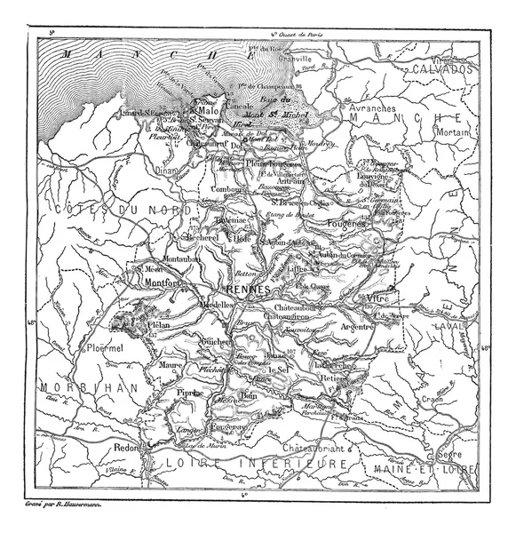 Карта старинной гравюры Ille-et-Vilaine — стоковый вектор