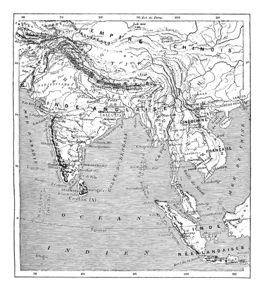 Karte von Indien und Indochina Vintage Gravur — Stockvektor