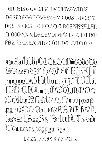 Fig. 7. Inscriptions, place de l'alphabet gothique, gravure vintage . — Image vectorielle