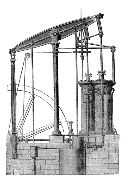 Machine à vapeur à deux cylindres, gravure vintage . — Image vectorielle