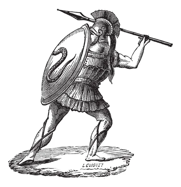 Greckiego żołnierza z jego zbroja sztuka Grawerowanie — Wektor stockowy