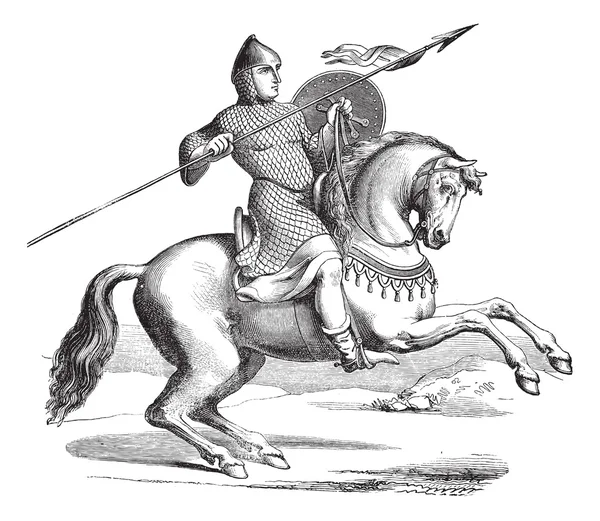 Ιππότης πάνω σε άλογο, φορώντας μακρά πανόπλοια vintage Χαρακτική — Διανυσματικό Αρχείο