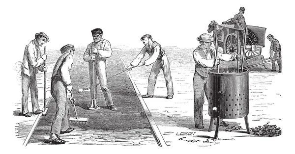 Straßenarbeiter beim Asphalt-Oldtimer-Gravieren — Stockvektor
