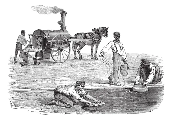 Trabajadores de la carretera haciendo pavimento con la ayuda de vinta motor de vapor — Archivo Imágenes Vectoriales