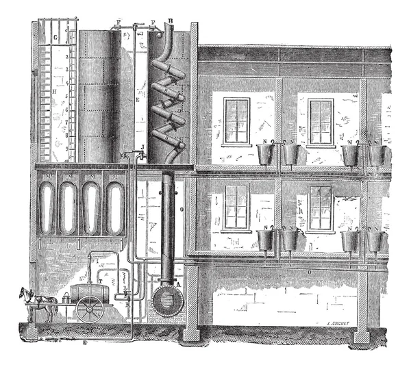 Installationen av ett badhus diagram vintage gravyr — Stock vektor