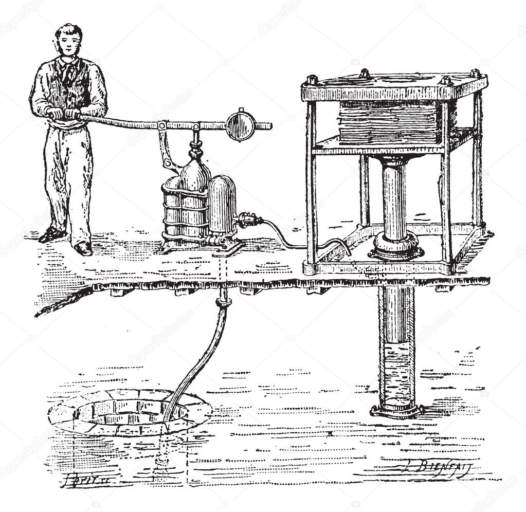 Hydraulic press or Bramah press vintage engraving