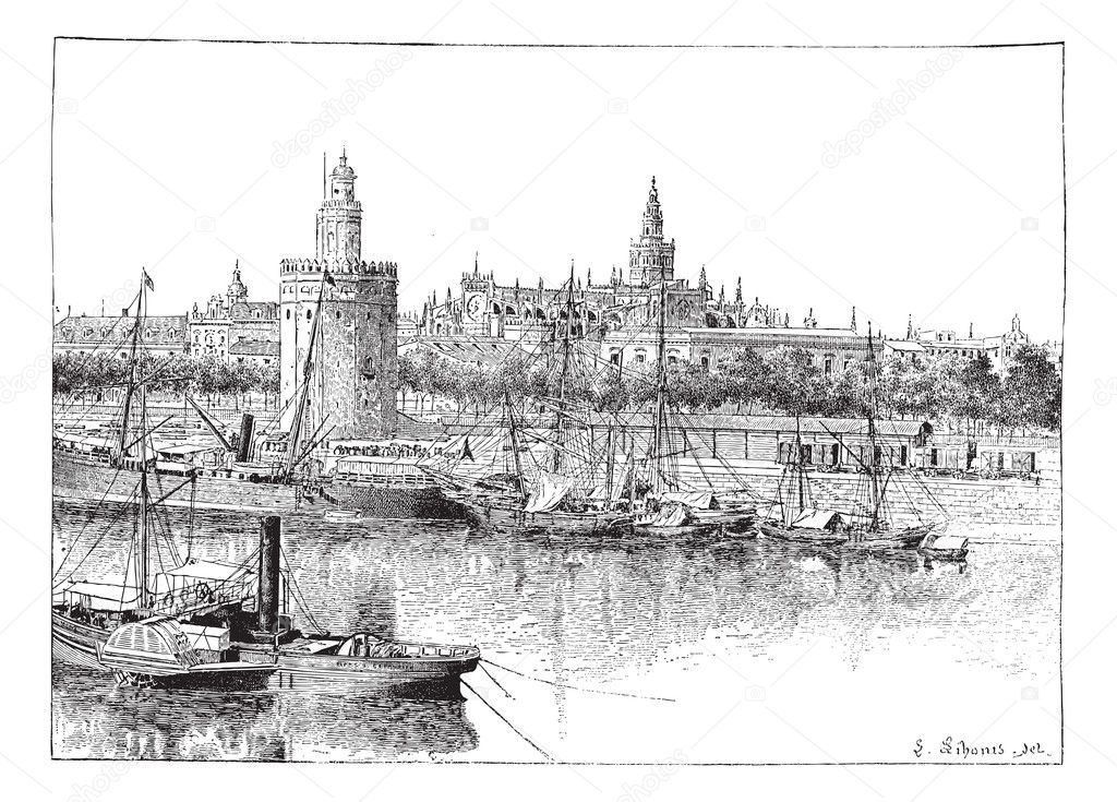 View of Seville, Spain, vintage engraving.