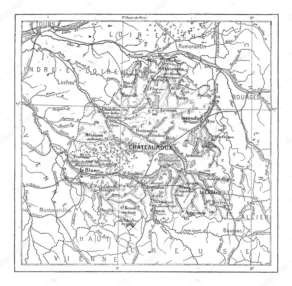 Map of Department of Indre vintage engraving