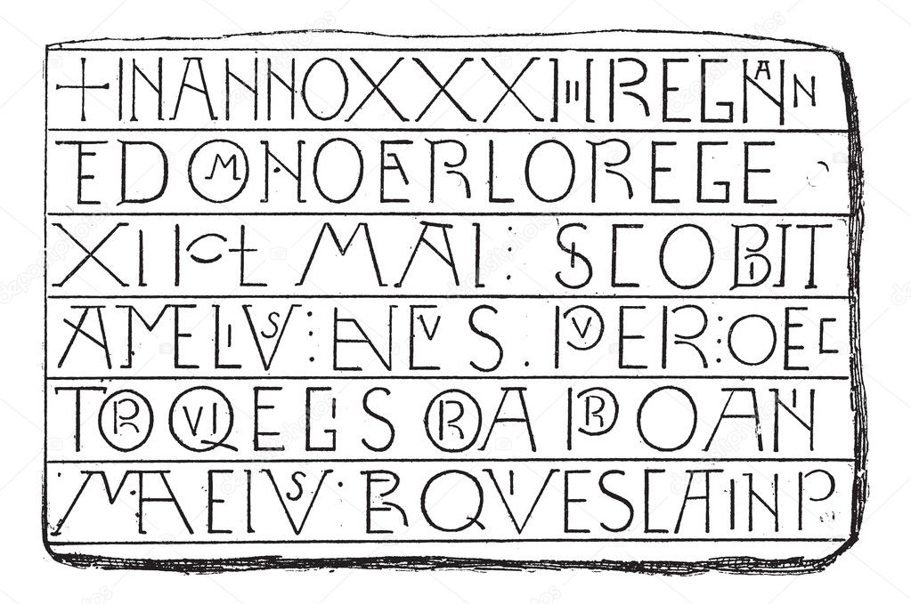 Inscriptions, Writing Carlovingian, vintage engraving.