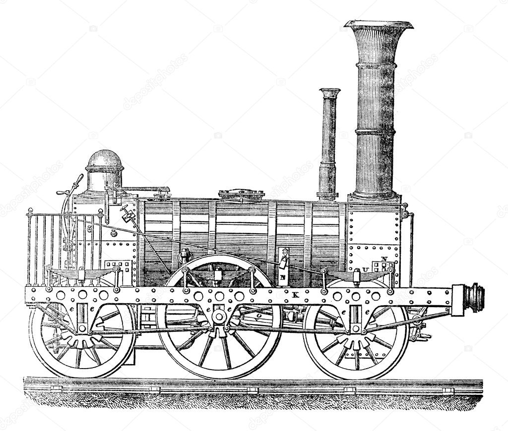 Steam locomotive, vintage engraving.