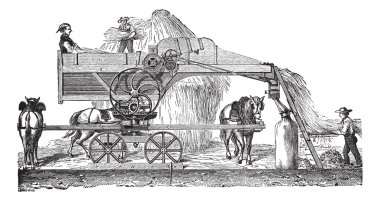 Threshing machine or thrashing machine vintage engraving clipart