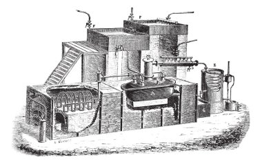 The Dutch type water distillation apparatus vintage engraving