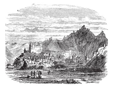 Leh Palace, in the town of Leh, Tibet, China, vintage engraving. clipart