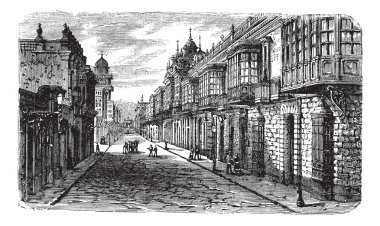 Coca and Bodegones intersection in Lima, vintage engraving. clipart