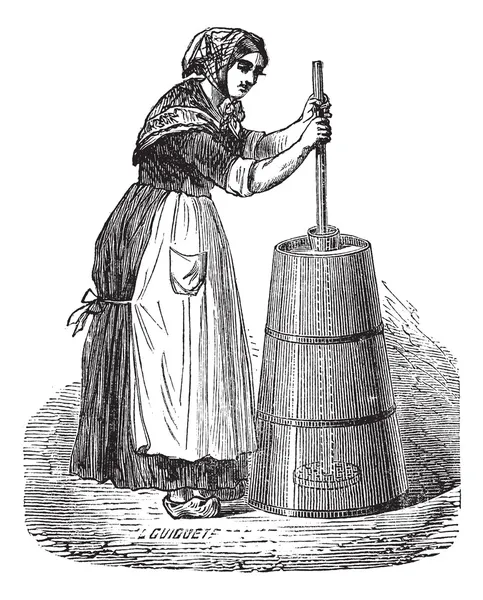 Woman churning butter with ordinary plunger vintage engraving — Stock Vector