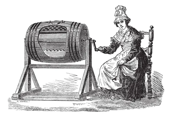 मक्खन बनाने के लिए बैरल चर्न का उपयोग करने वाली महिला विंटेज उत्कीर्णन — स्टॉक वेक्टर