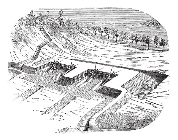Artillery batteries on terreplein during siege vintage engraving