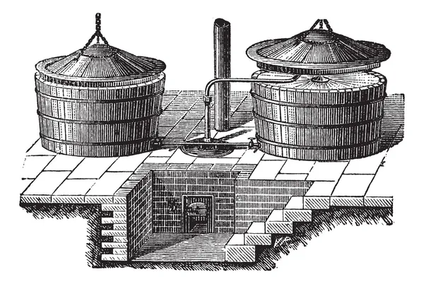 Ancien lave-linge avec gravure vintage à pression de vapeur — Image vectorielle