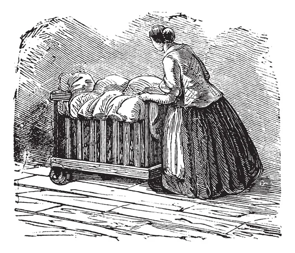 Женщина перевозит одежду на трехколесной винтажной гравюре — стоковый вектор