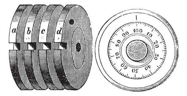 Cerradura de combinación giratoria Mecanismo de bloqueo seguro grabado vintage — Archivo Imágenes Vectoriales