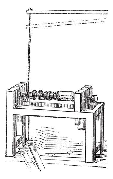 Máquina de torneado de madera de torno de poste, grabado vintage — Vector de stock