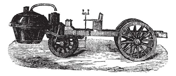 蒸汽动力的三轮车，复古雕刻 — 图库矢量图片