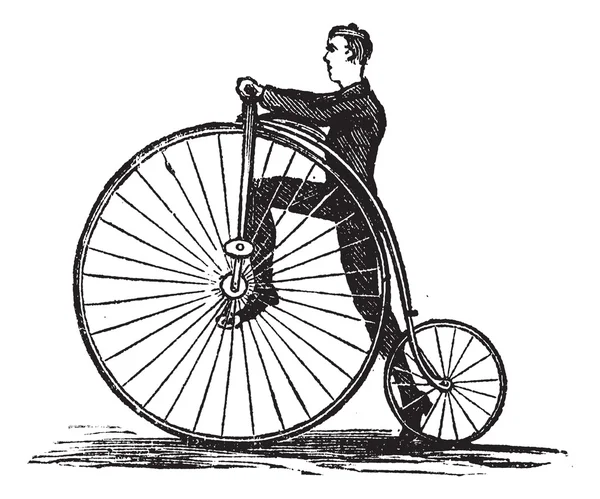 Penny-farthing ou bicicleta de roda alta, gravura vintage — Vetor de Stock
