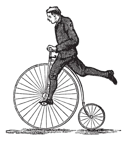 Penny-farthing ou vélo à roue haute, gravure vintage — Image vectorielle