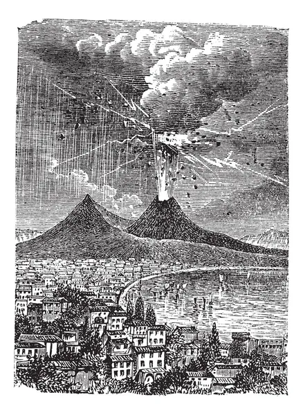 Erupcja wulkanu Wezuwiusz, w Neapolu, Włochy, vintage grawerowania — Wektor stockowy