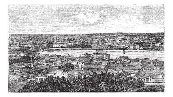 Yekaterinburg or Sverdlovsk in Russia, during the 1890s, vintage engraving. Old engraved illustration of Yekaterinburg city.