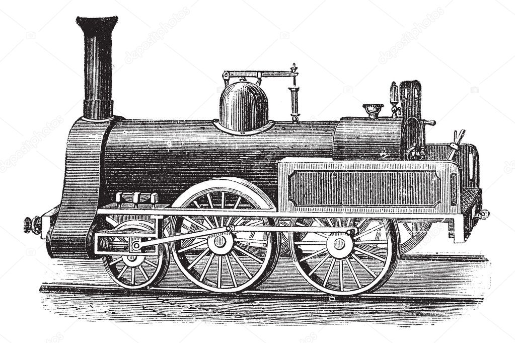 English Steam Locomotive, vintage engraving