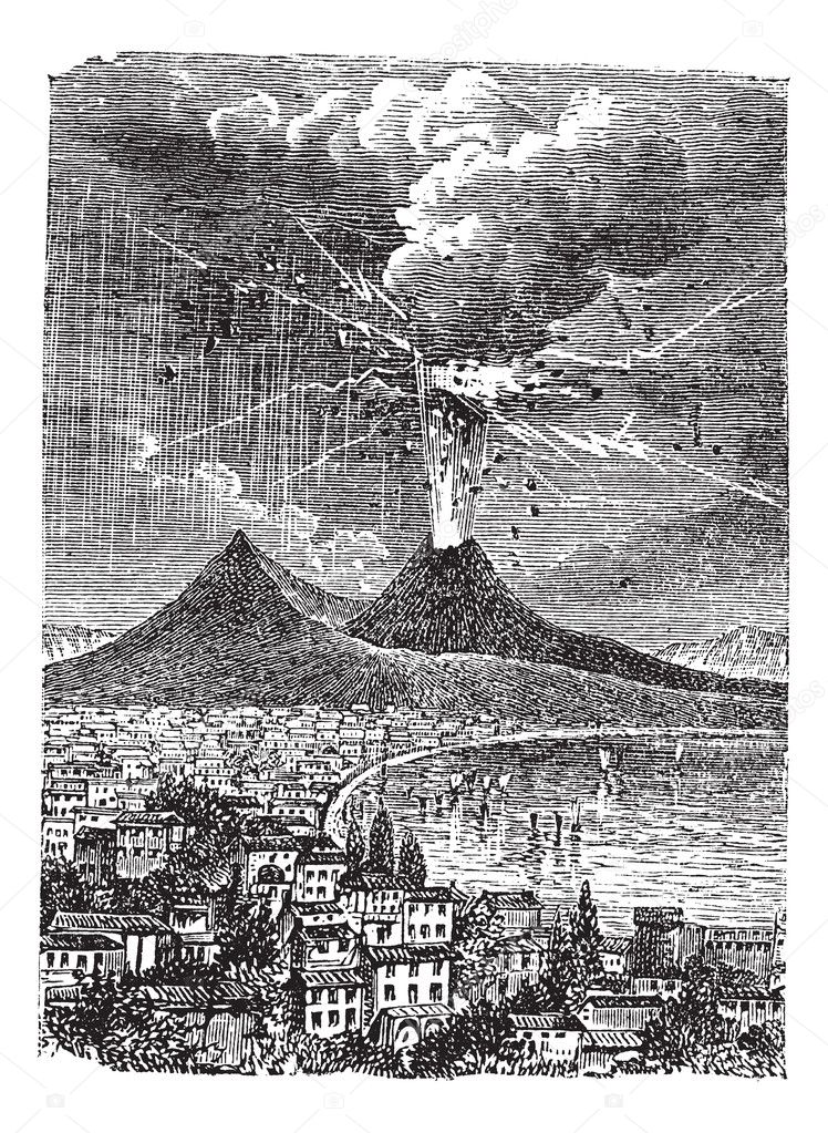 Eruption of Mount Vesuvius, in Naples, Italy, vintage engraving