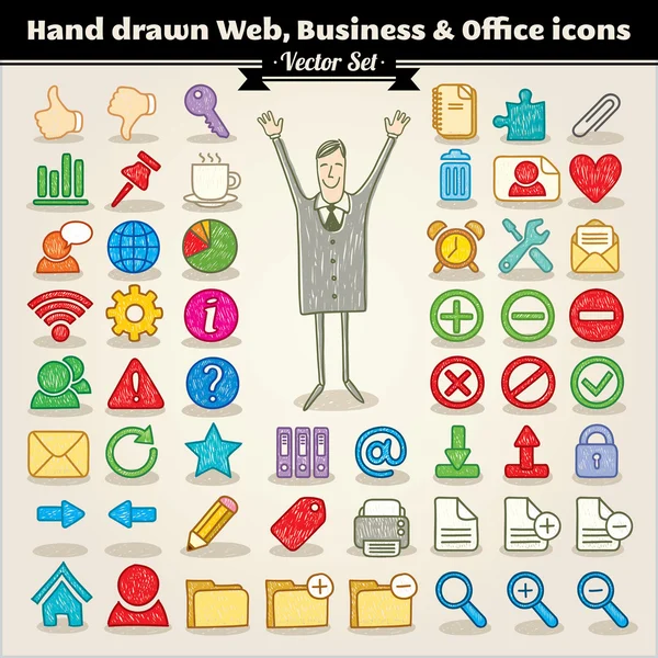 Web dessiné à la main, icônes d'affaires et de bureau — Image vectorielle